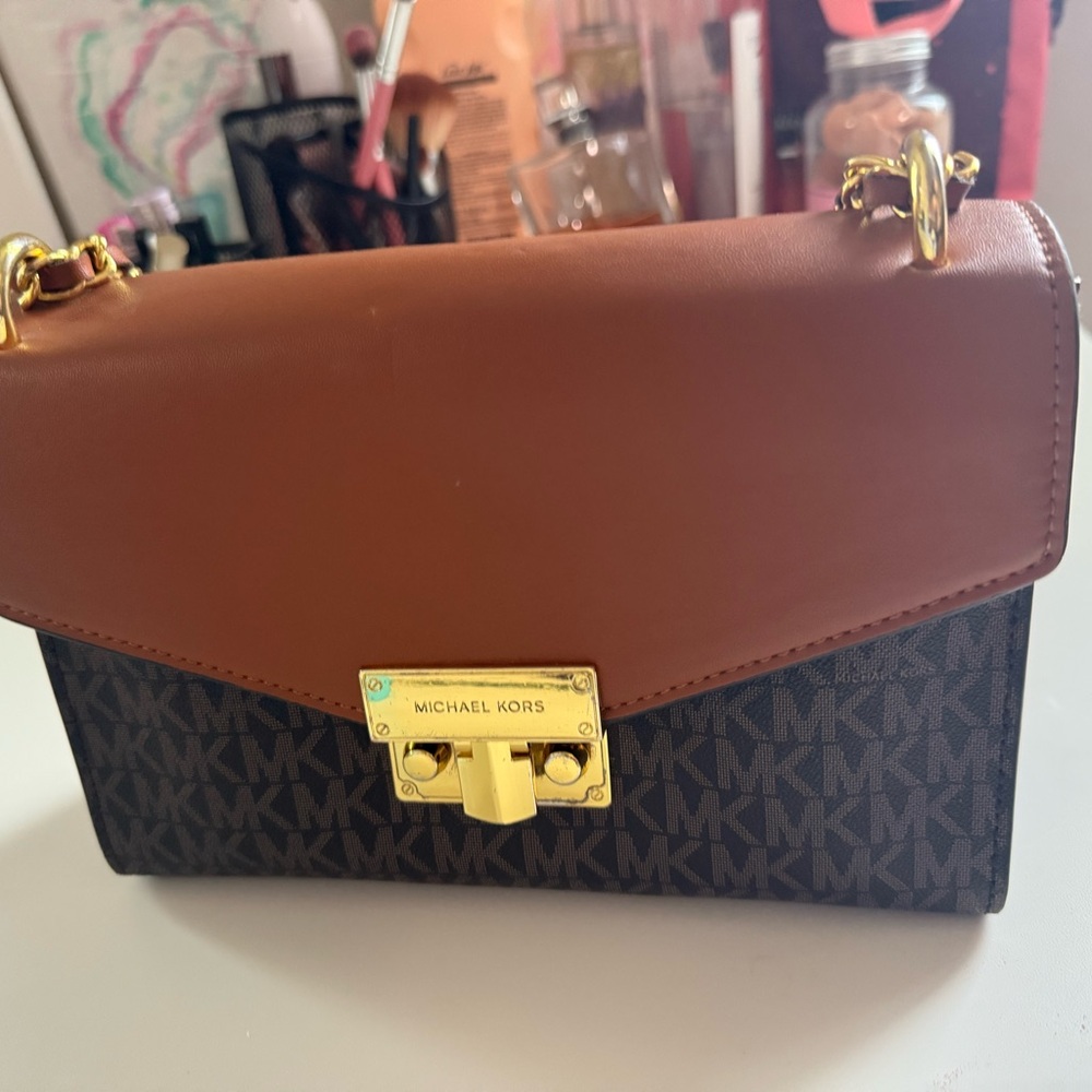 Michael Kors Tan and Black Crossbody Bag with Gold Accents